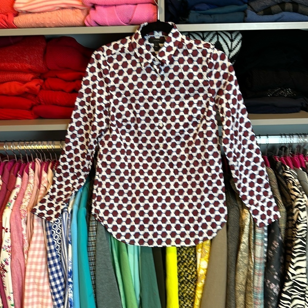 J Crew white/maroon/blue geometric print long sleeve popover shirt size 00